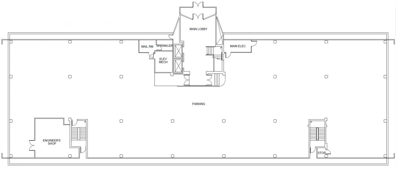 Floor plan rendering of the 1st floor of Atrium West (covered parking)
